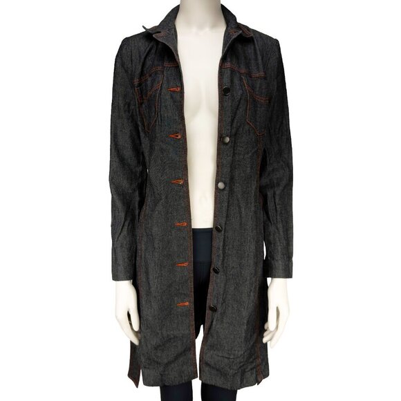 HOLT RENFREW Vtg Y2K Long Denim Gray Jeans Jacket button-down Tie Waist sz 2 - Picture 7 of 16